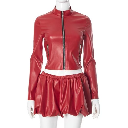 Red Leather Jacket Bubble Mini Skirt Set