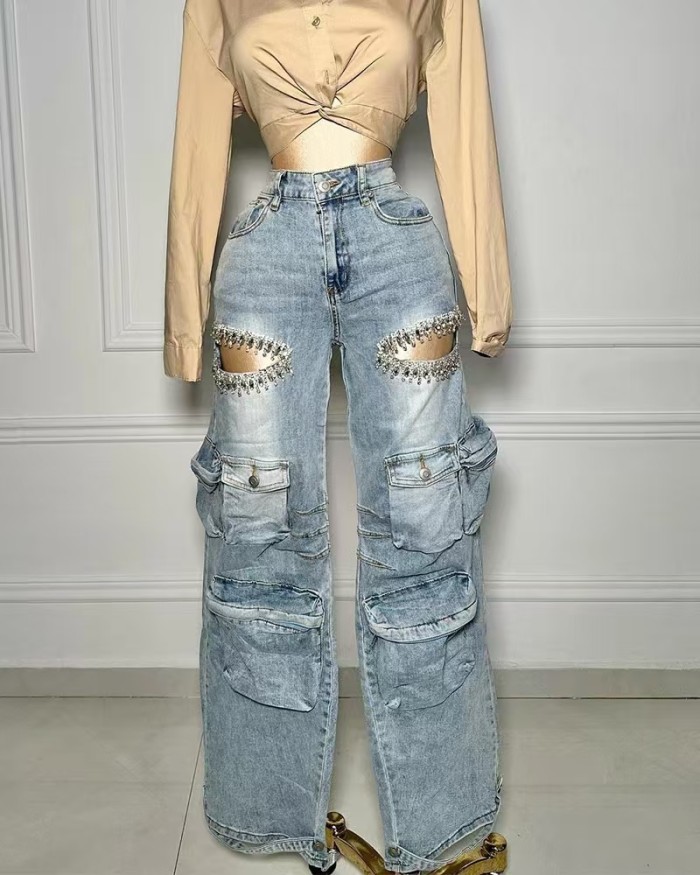 Denim Jeans With Rhinestone Cargo Pants Midi Stretch