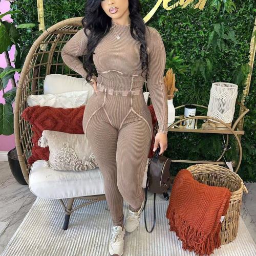 Acid Washed Long Sleeve Crop Top Trousers Set