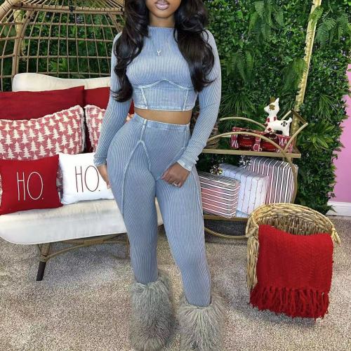 Acid Washed Long Sleeve Crop Top Trousers Set