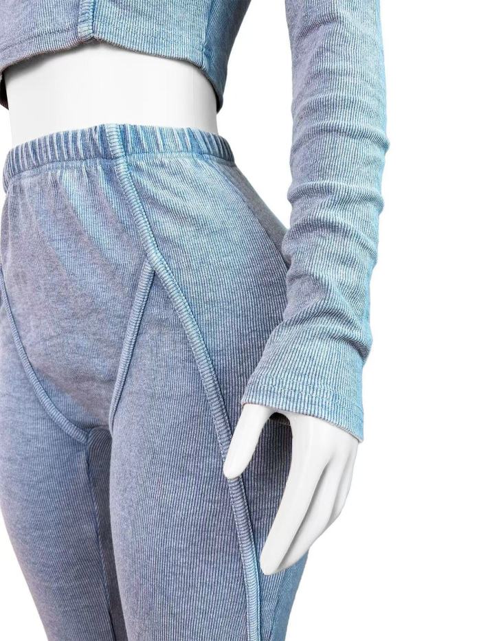 Acid Washed Long Sleeve Crop Top Trousers Set