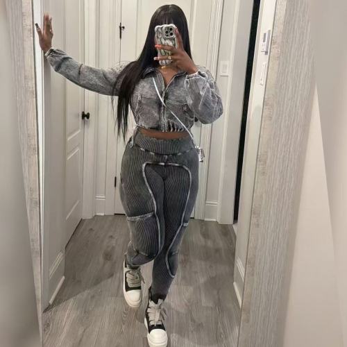 Acid Washed Crop Top Two Piece  set