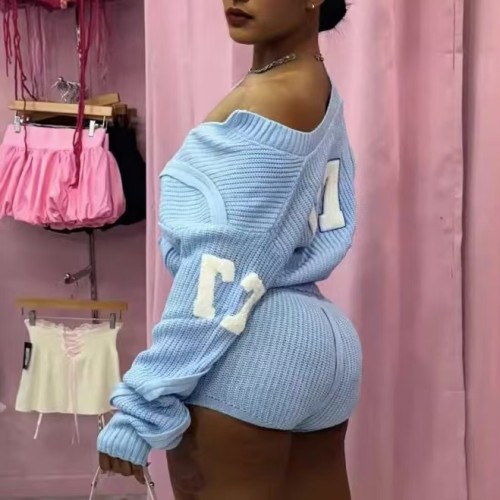 Blue Knit Two Piece Cardigan Shorts Set