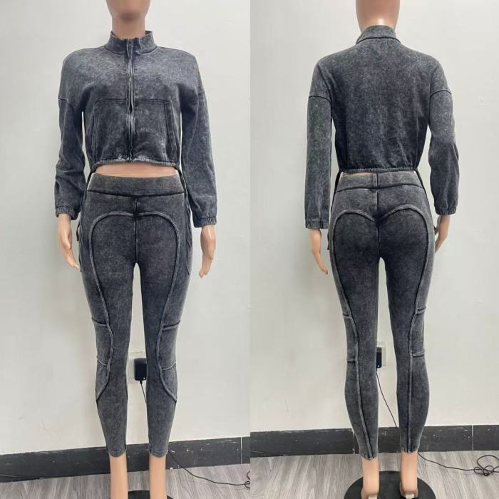 Acid Washed Crop Top Two Piece  set