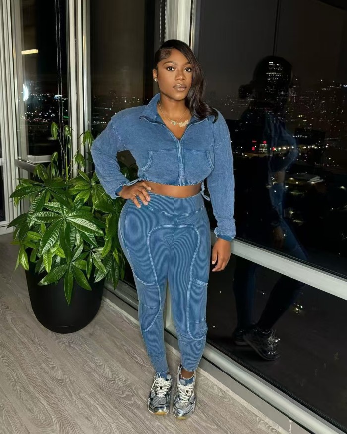 Acid Washed Crop Top Two Piece  set