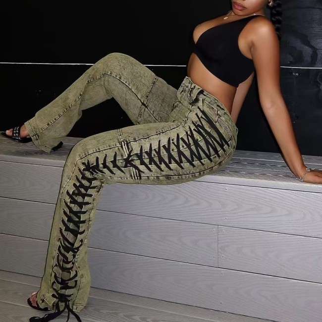 Trendy Old Trousers Lace Strap Jeans Low Stretch
