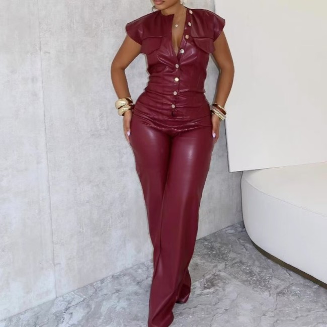 Burgundy Leather PU One Piece Flare Jumpsuit