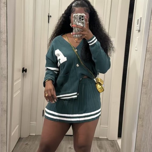 Cute College Cardigan Matching Skirt Set 