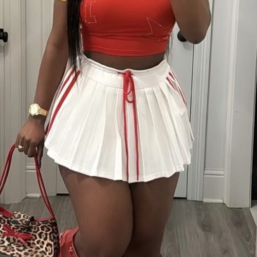 White Drawstring Pleated Skirt