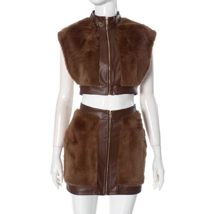 Furry Patchwork Leather Mini Skirt Set