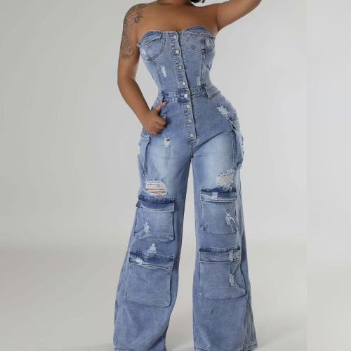 Cargo Denim Tube Jumpsuit High Stretch