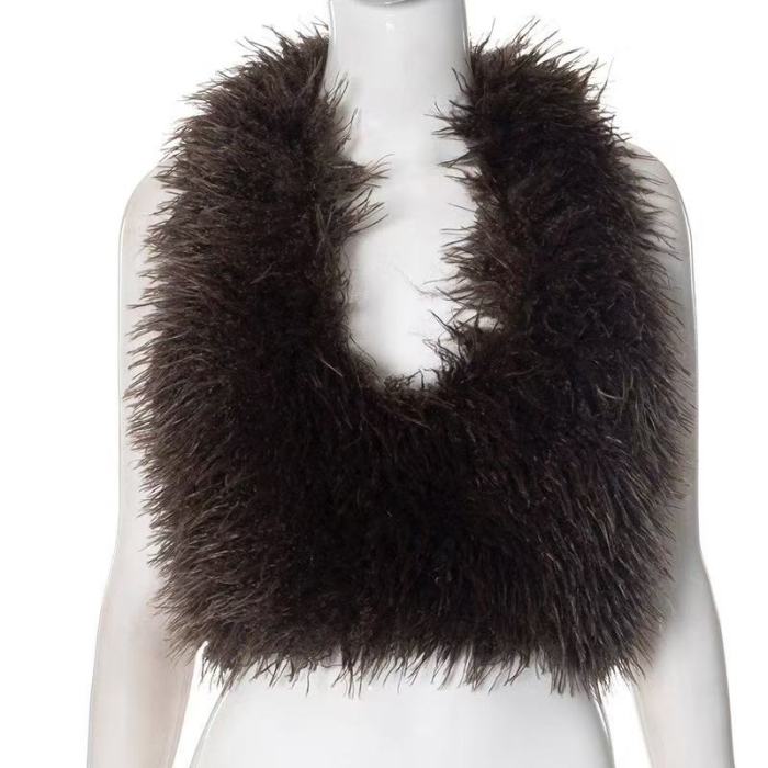 Brown Fur Halter Tank Top