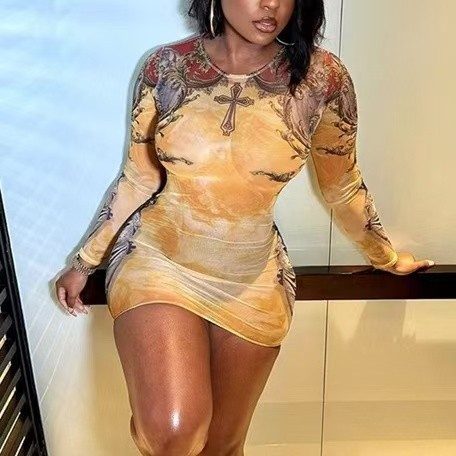 Floral Mesh Yellow Mini Dress
