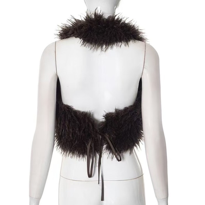 Brown Fur Halter Tank Top