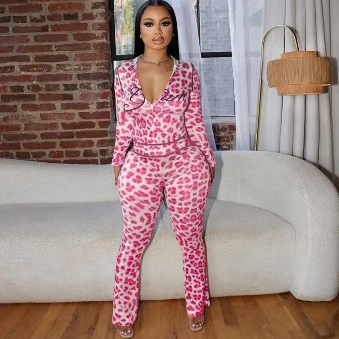 Cute Pink Leopard Hoodie Flare Set