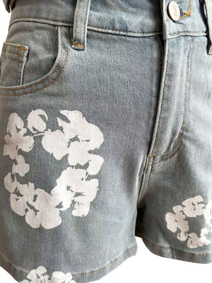 Flower Print Denim Vest Shorts Set High Stretch
