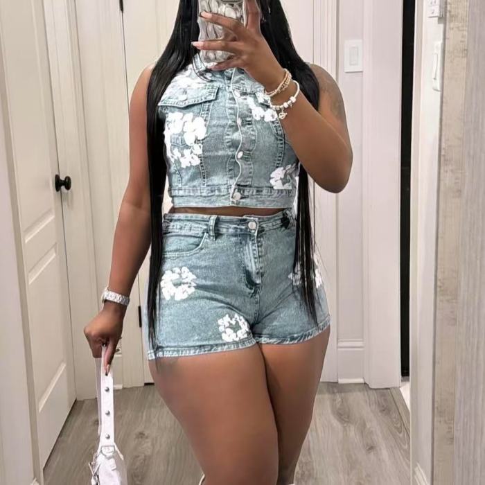Flower Print Denim Vest Shorts Set High Stretch
