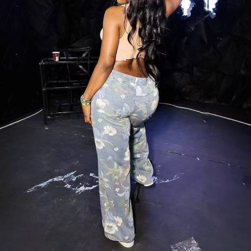 Floral Ripped Denim Flower Jeans None Stretch 