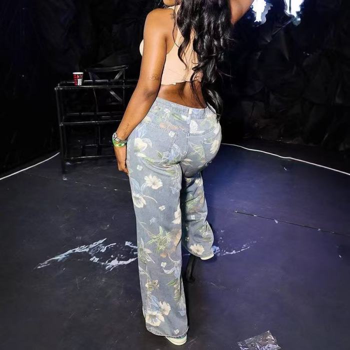 floral wide leg jeans, womens flower jeans, floral ripped jeans