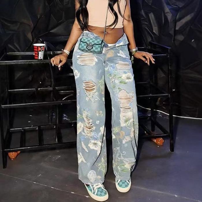 floral wide leg jeans, womens flower jeans, floral ripped jeans