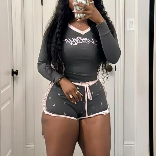 Grey Cotton 2 Piece Shorts Matching Set 