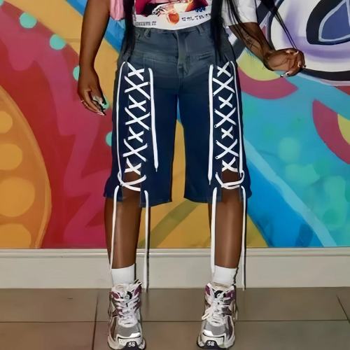 Denim Lace Up Half Jeans High Stretch