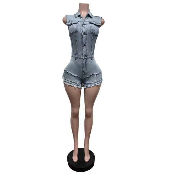 Denim Sleeveless One Piece Jumpsuit High Stretch