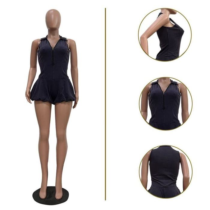 Acid Washed Cotton Zipper Jumpsuit