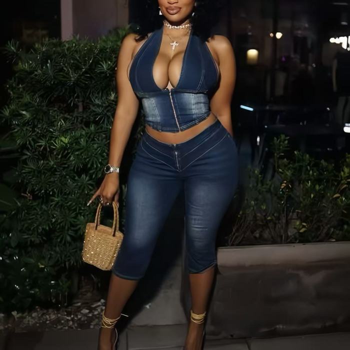 two piece denim pants set, two piece set denim, blue jean short set