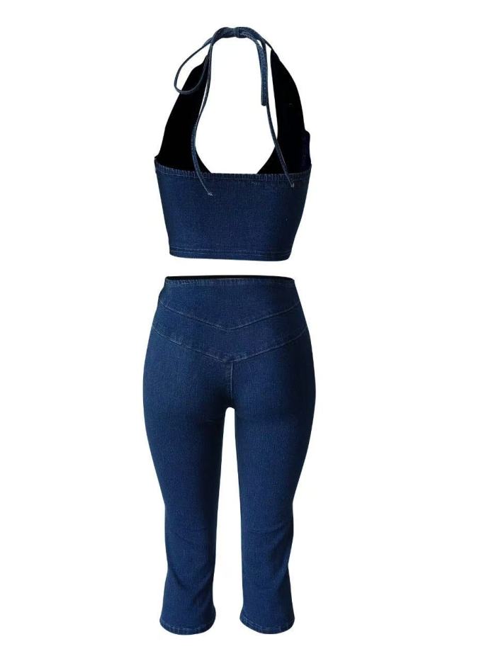 Blue Denim Halter Crop Top Matching Set High Stretch 