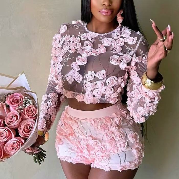 Sexy Pink Mesh Top 2 Piece Shorts Set 