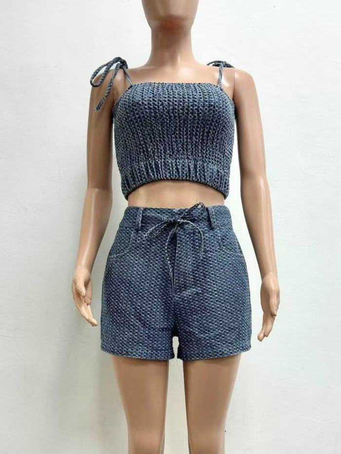 2 piece jean short set, denim top and shorts set, two piece denim short set