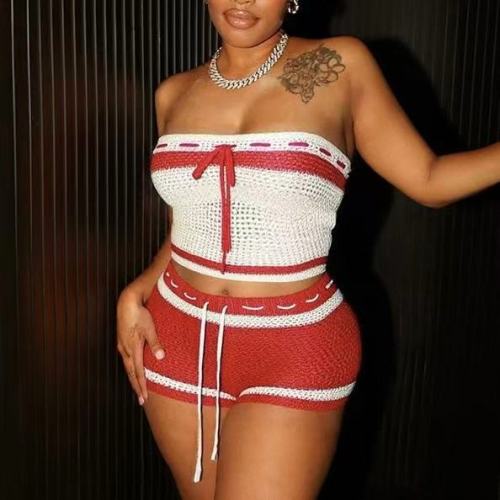 Red And White Knit 2 Piece Shorts Set