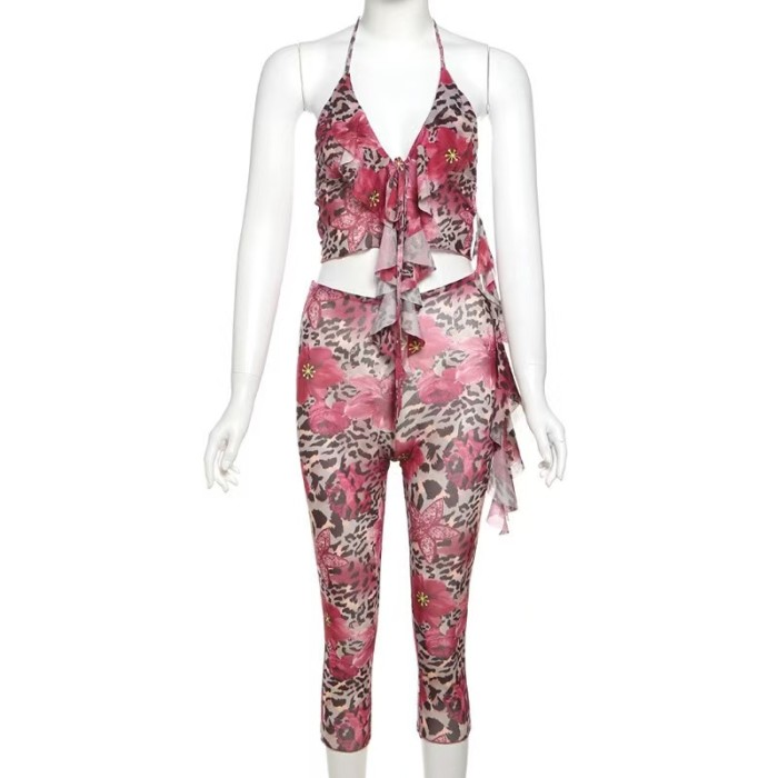 hot pink two piece outfit, hot pink short set, leopard matching set