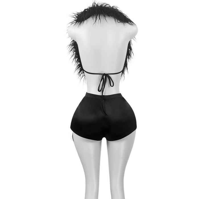 Fuzzy Bra Top 2 Piece Shorts Set
