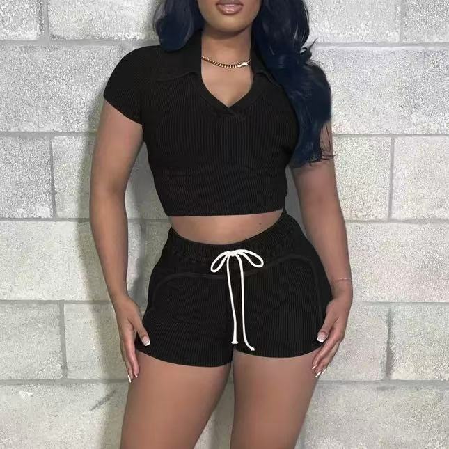Acid Washed Crop Top 2 Piece Shorts Set