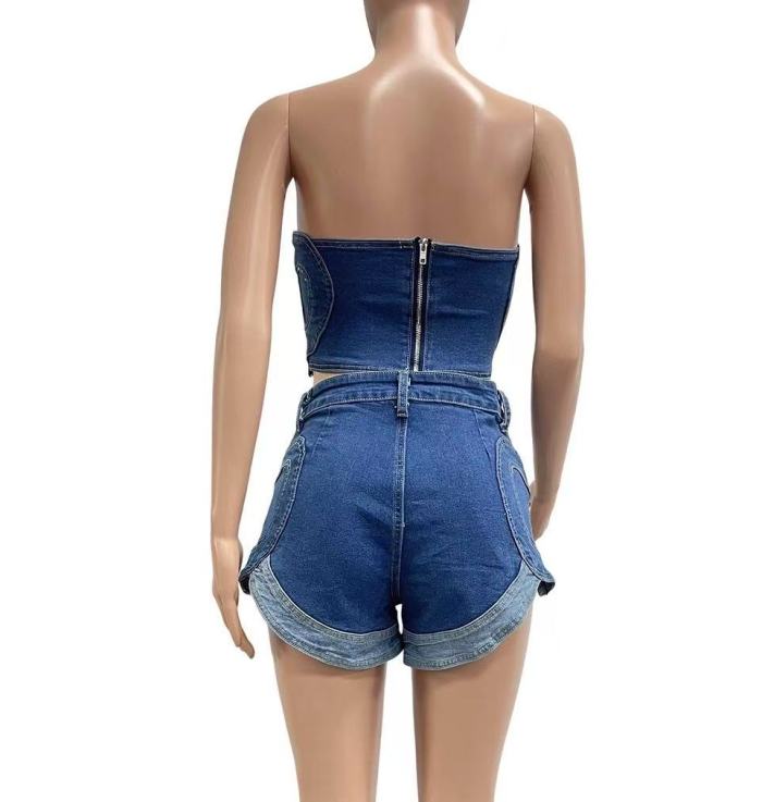 Denim Tube Top 2 Piece Shorts Set High Stretch