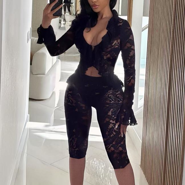 Mesh Long Sleeve Crop Top Shorts Set