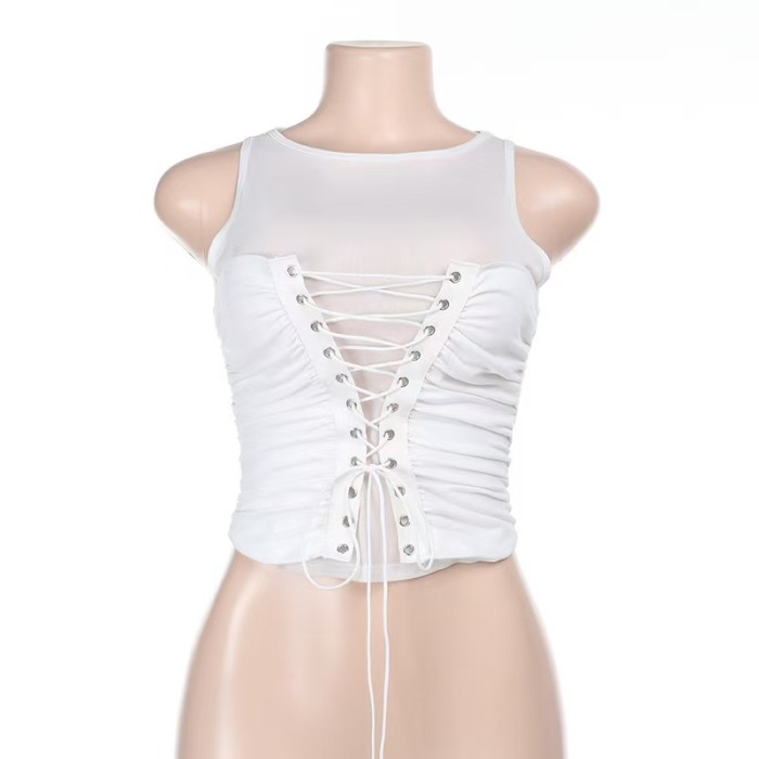 lace tie up top, black lace tie front top, white mesh tank