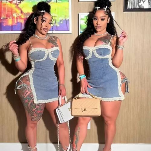 Denim Lace Straps Mini Dress