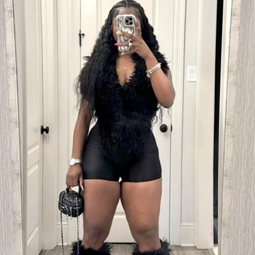 Deep V Fuzzy Backless Jumpsuit