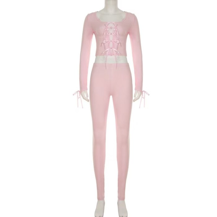 Ribbon Long Sleeve Crop Top Pants Set 