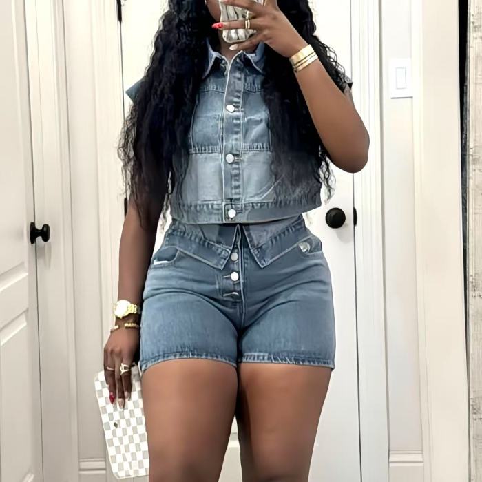 two piece denim short set, blue jean two piece outfit, denim two piece set shorts