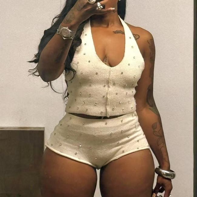 Knit White Halter Top 2 Piece Shorts Set 