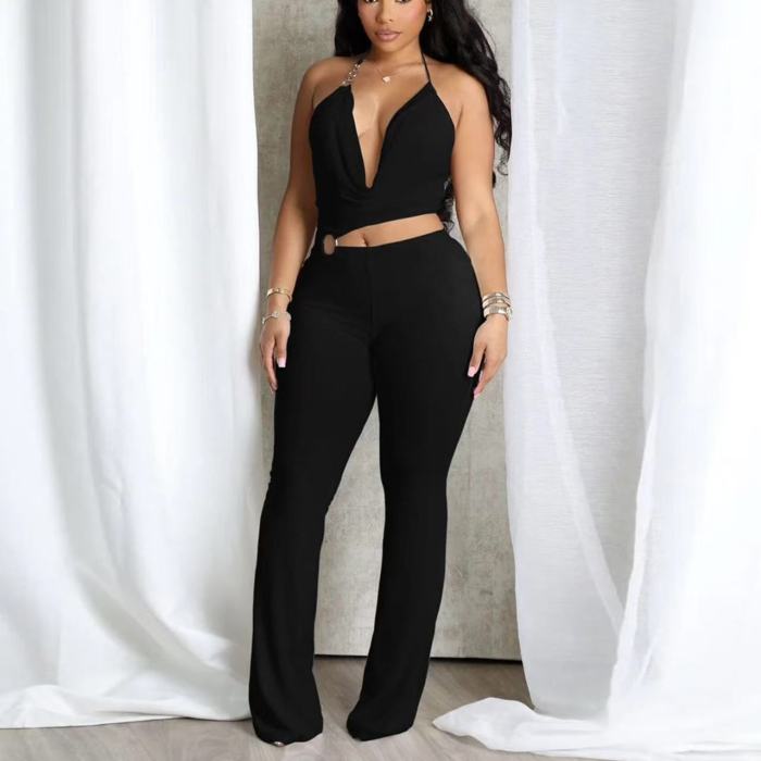 plunge neck romper, halter one piece jumpsuit, womens black wide leg jumpsuit