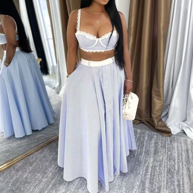 Pinstripe 2 Piece Crop Top Maxi Skirt Set