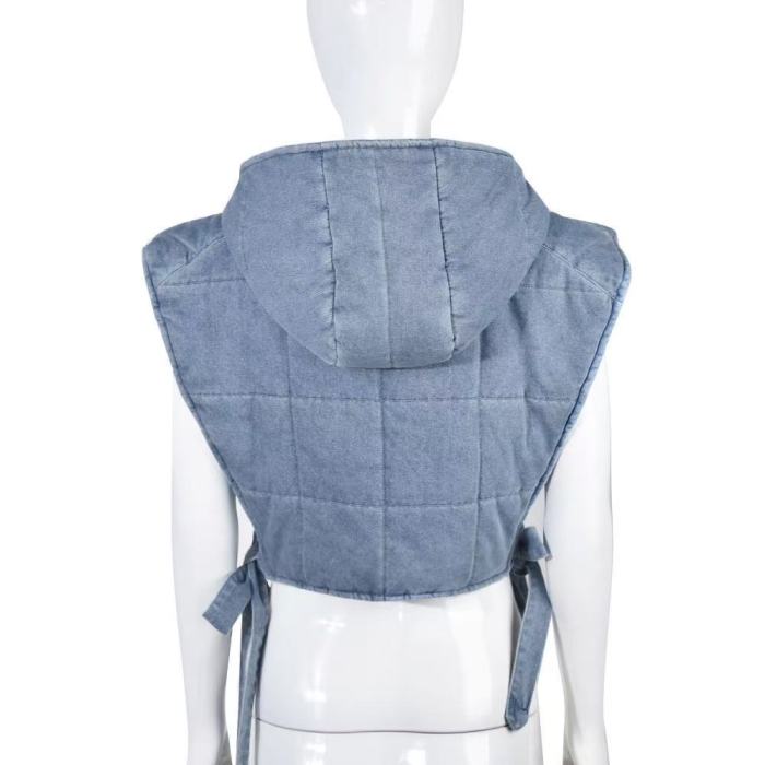 Cotton Denim Crop Bubble Vest Jacket