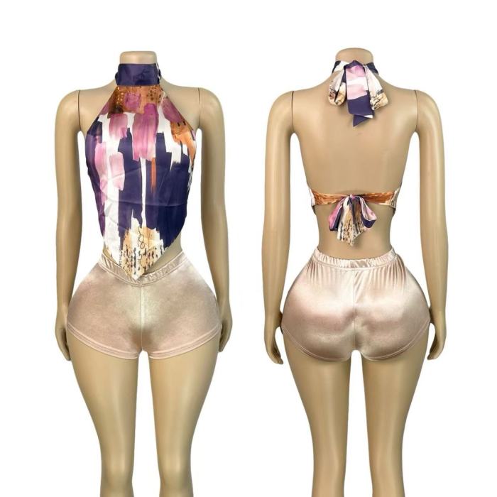 Satin Floral Halter Top 2 Piece Shorts Set