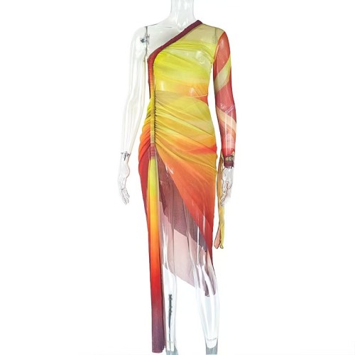 One Sleeve Orange Mesh Midi Dress