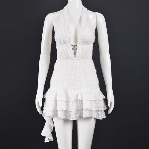 White Halter Deep V Mini Dress